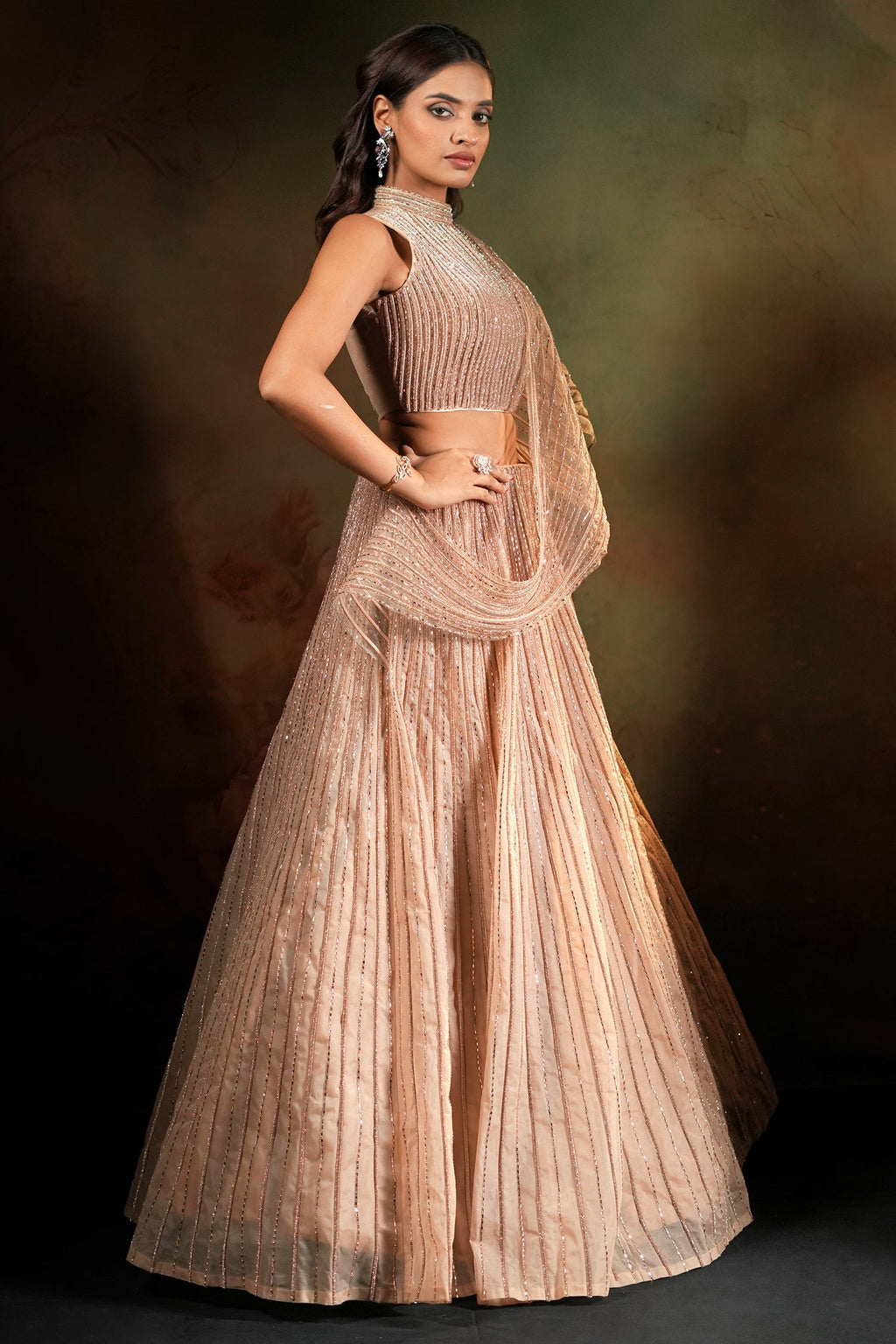 Beige Net High Neck Designer Metallic Stripe Lehenga Set with Attached Dupatta