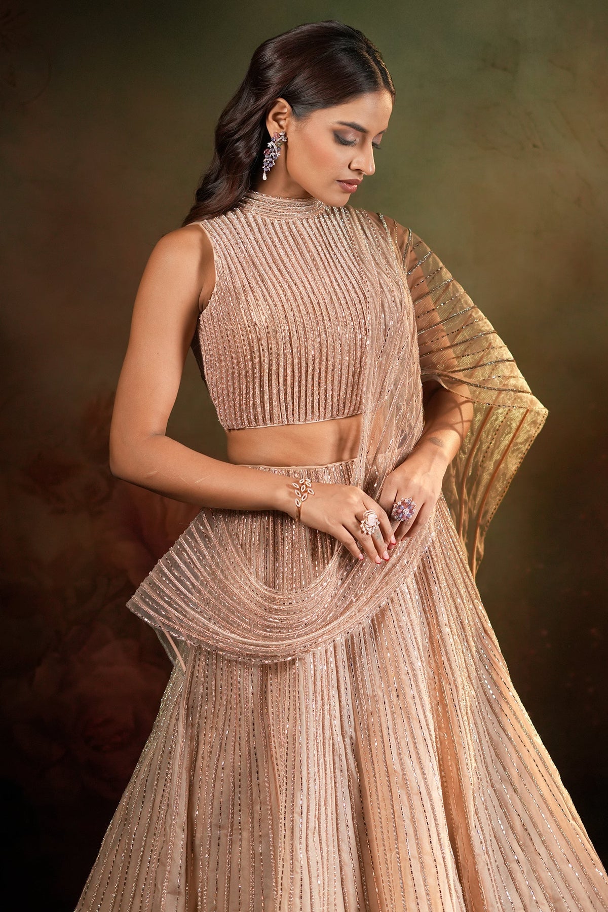 Beige Net High Neck Designer Metallic Stripe Lehenga Set with Attached Dupatta