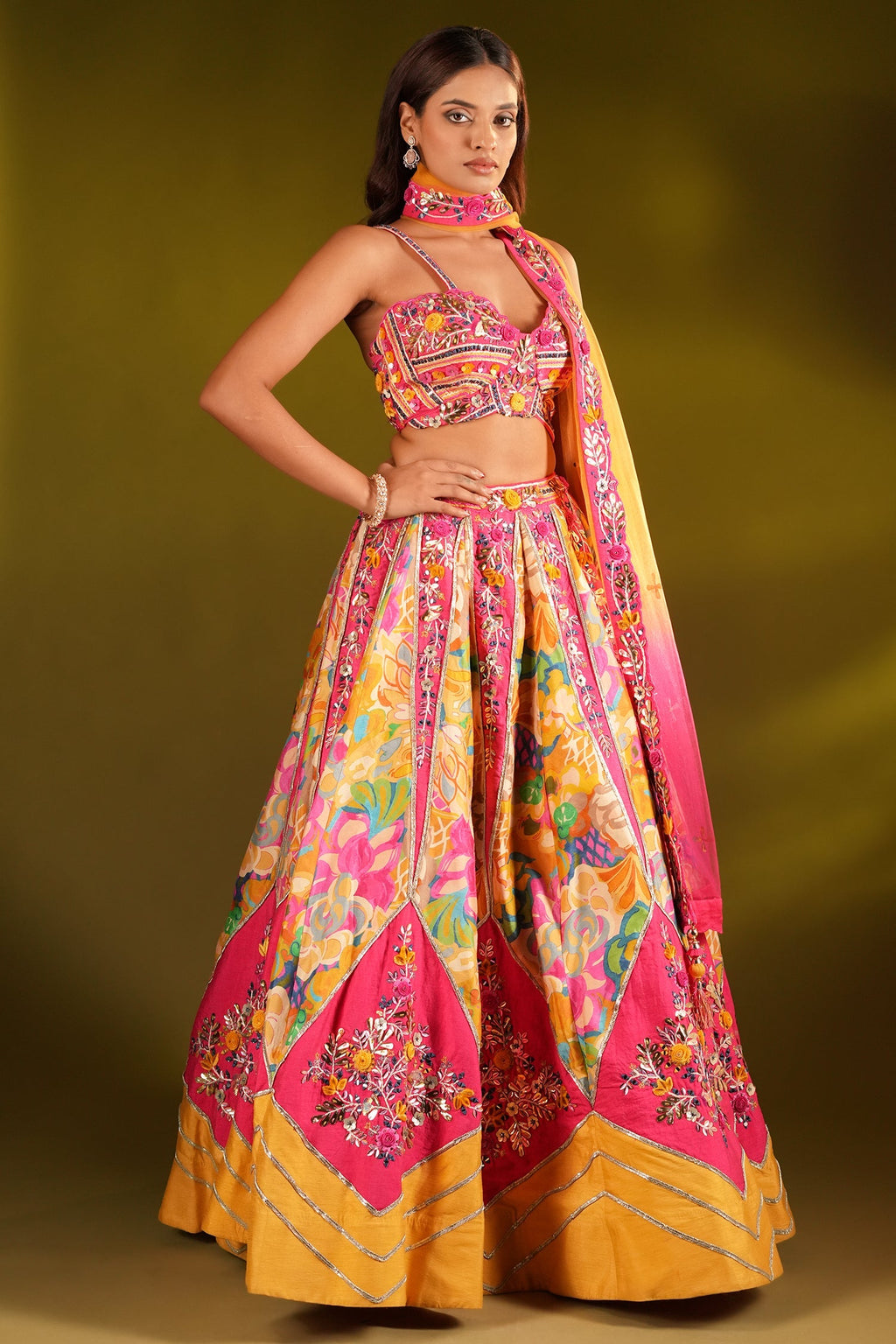 Yellow and Pink Crepe Silk Floral Printed and Embroidered Designer Lehenga
