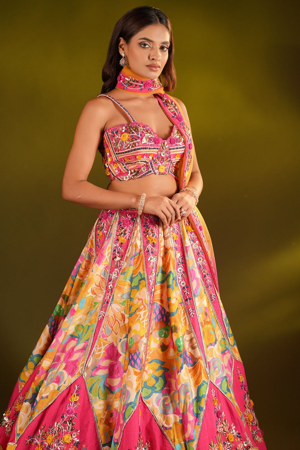 Yellow and Pink Crepe Silk Floral Printed and Embroidered Designer Lehenga