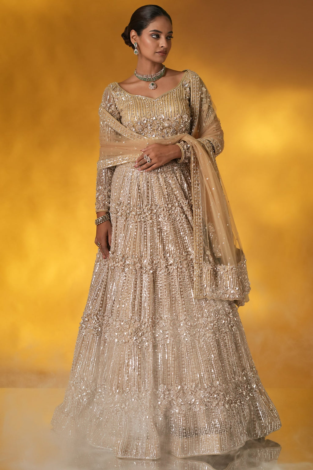 Champagne Gold Net Designer Sequinned and Dimoand Worked Lehenga Set