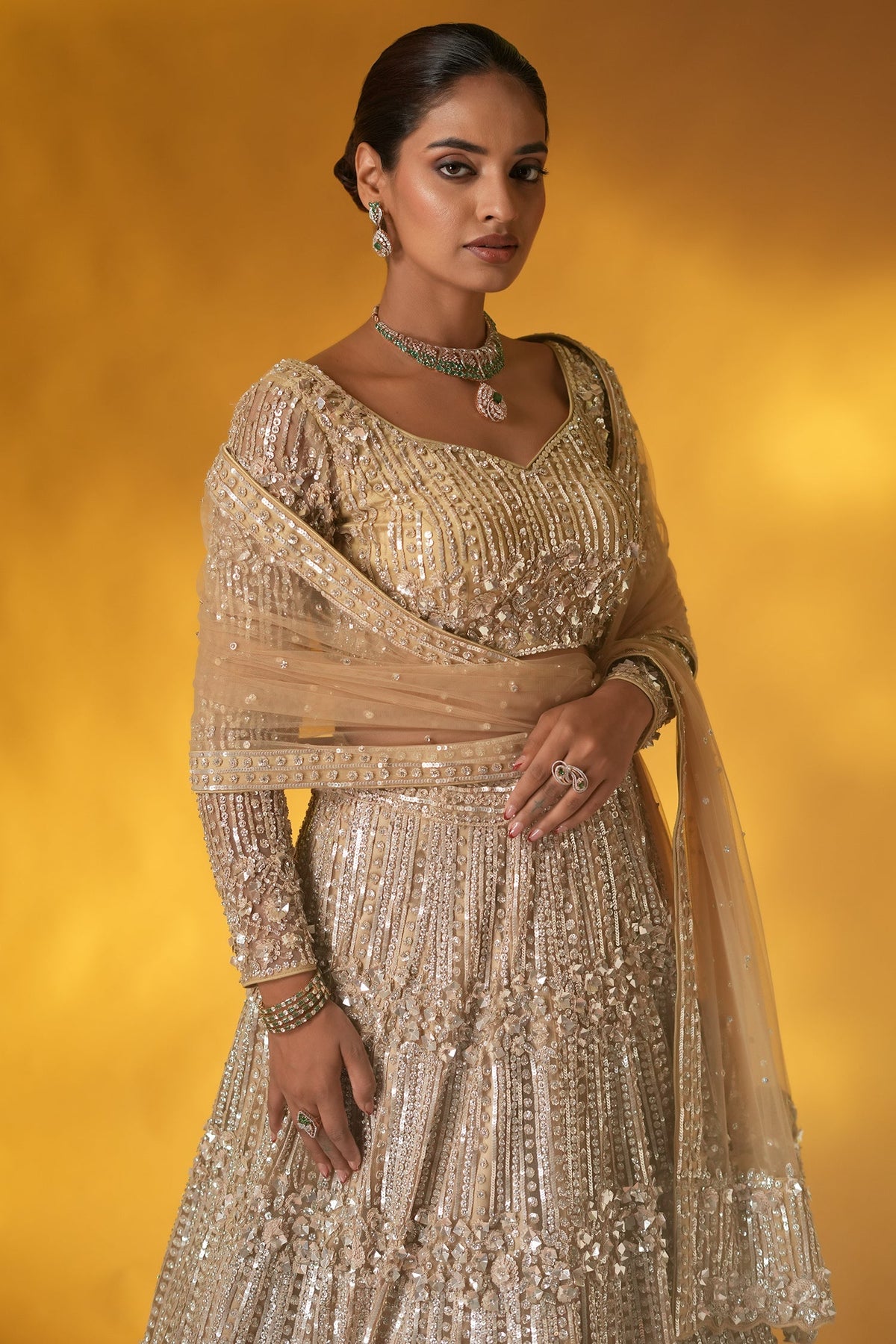 Champagne Gold Net Designer Sequinned and Dimoand Worked Lehenga Set