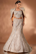Blush Pink Net Mermaid Lehenga Set with Structured Corset Blouse and Embellished Shoulder Cape
