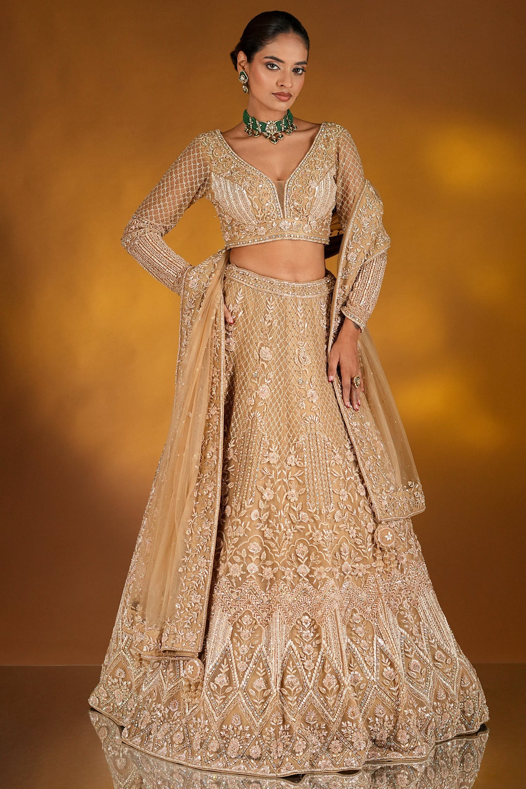 Rose Golden Net Designer Lehenga Set
