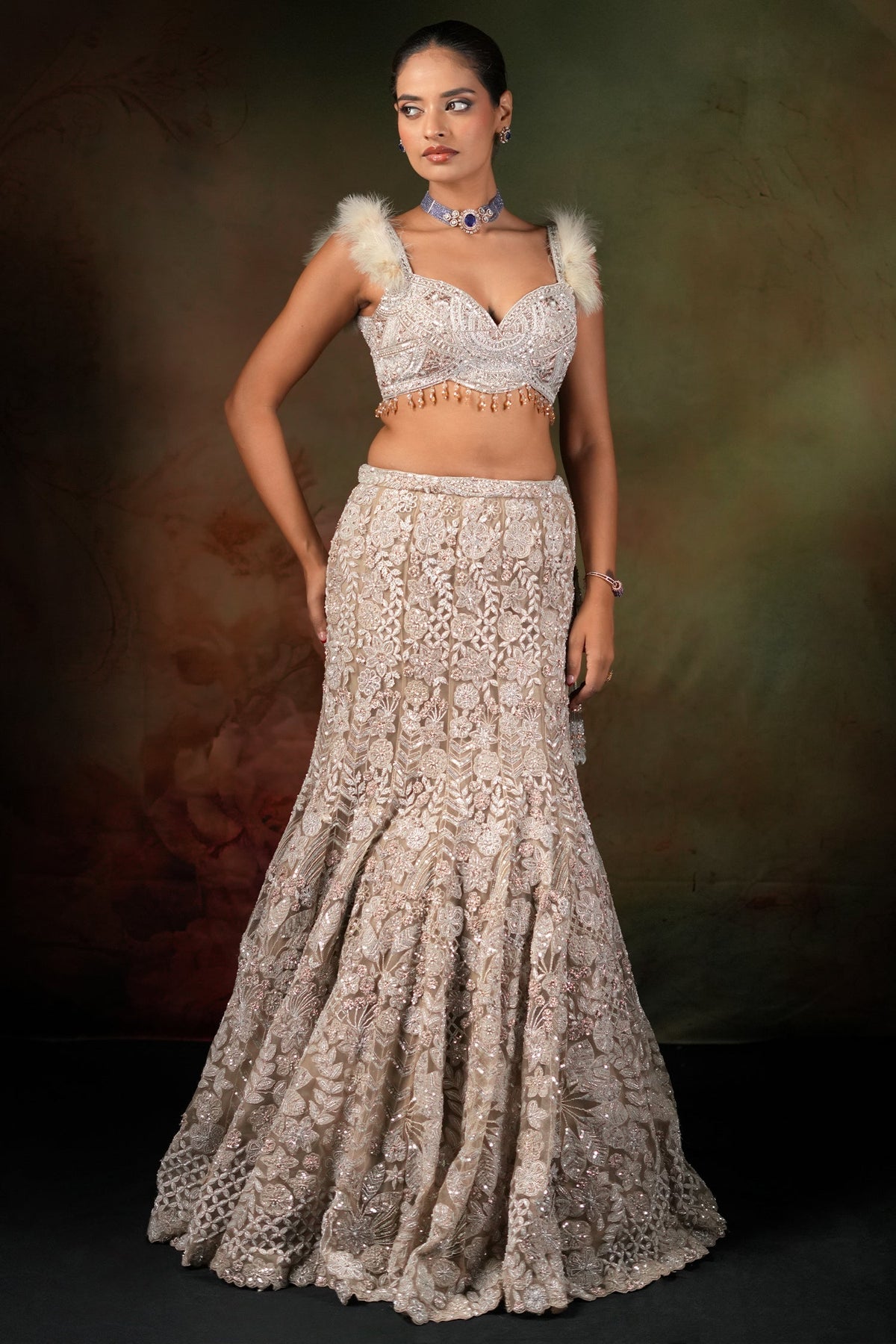 Champagne Beige Net Designer Embroidered Mermaid Style Lehenga Set