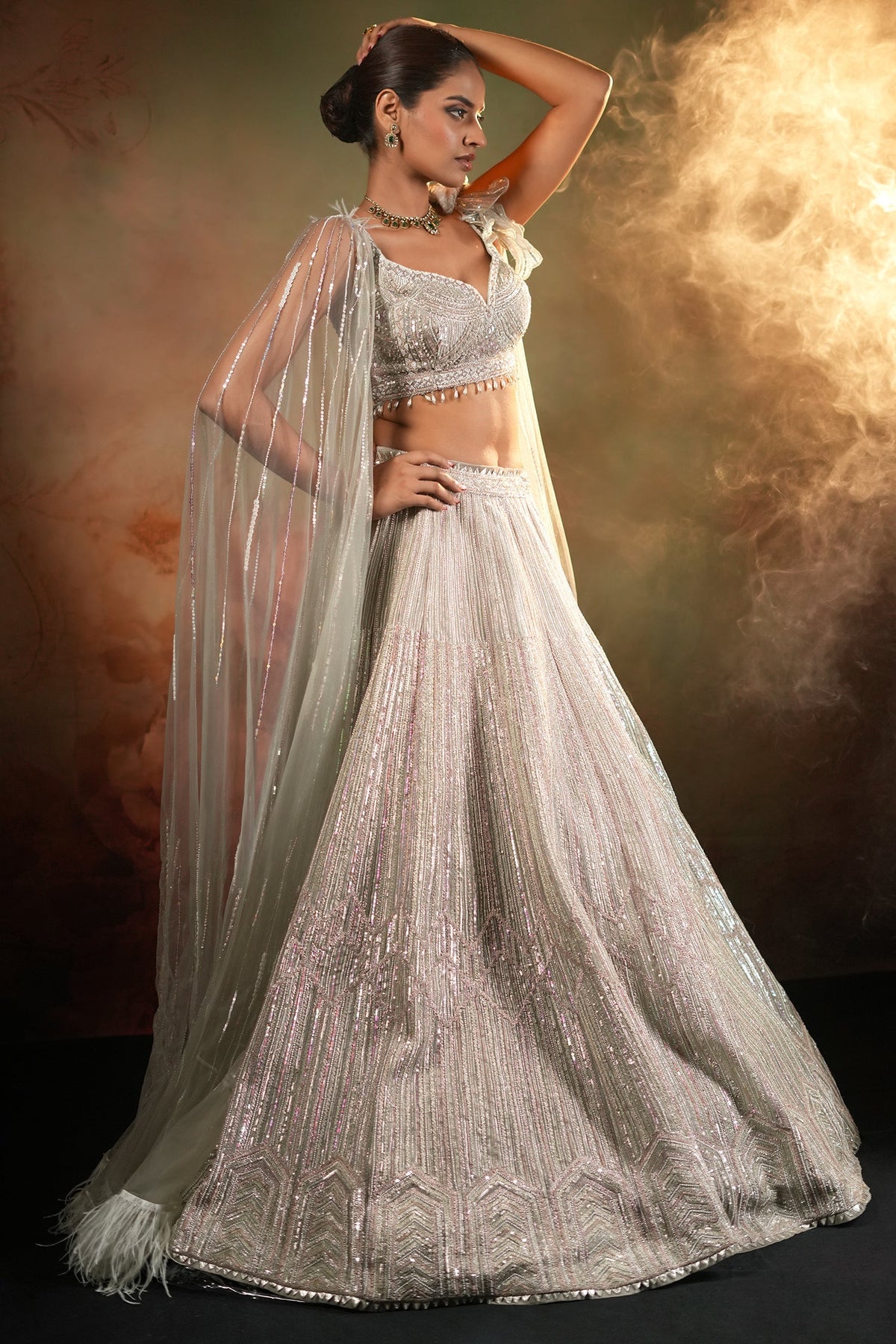 Silver Net Designer Lehenga Set with Cape Sleeves