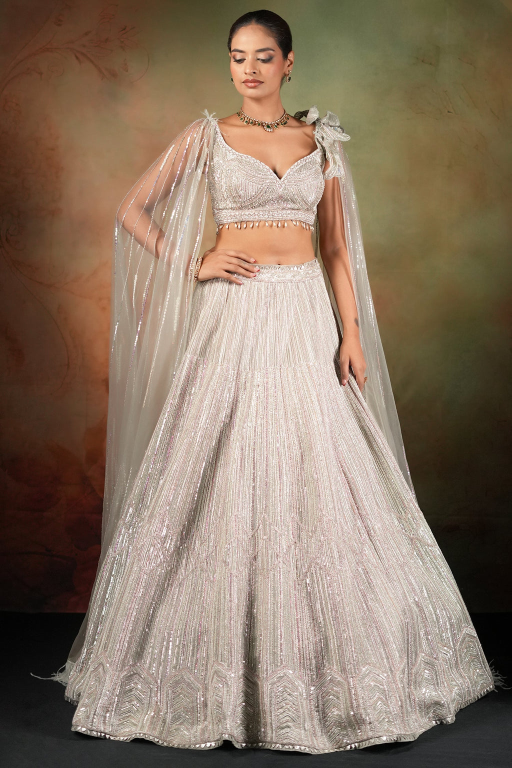 Silver Net Designer Lehenga Set with Cape Sleeves