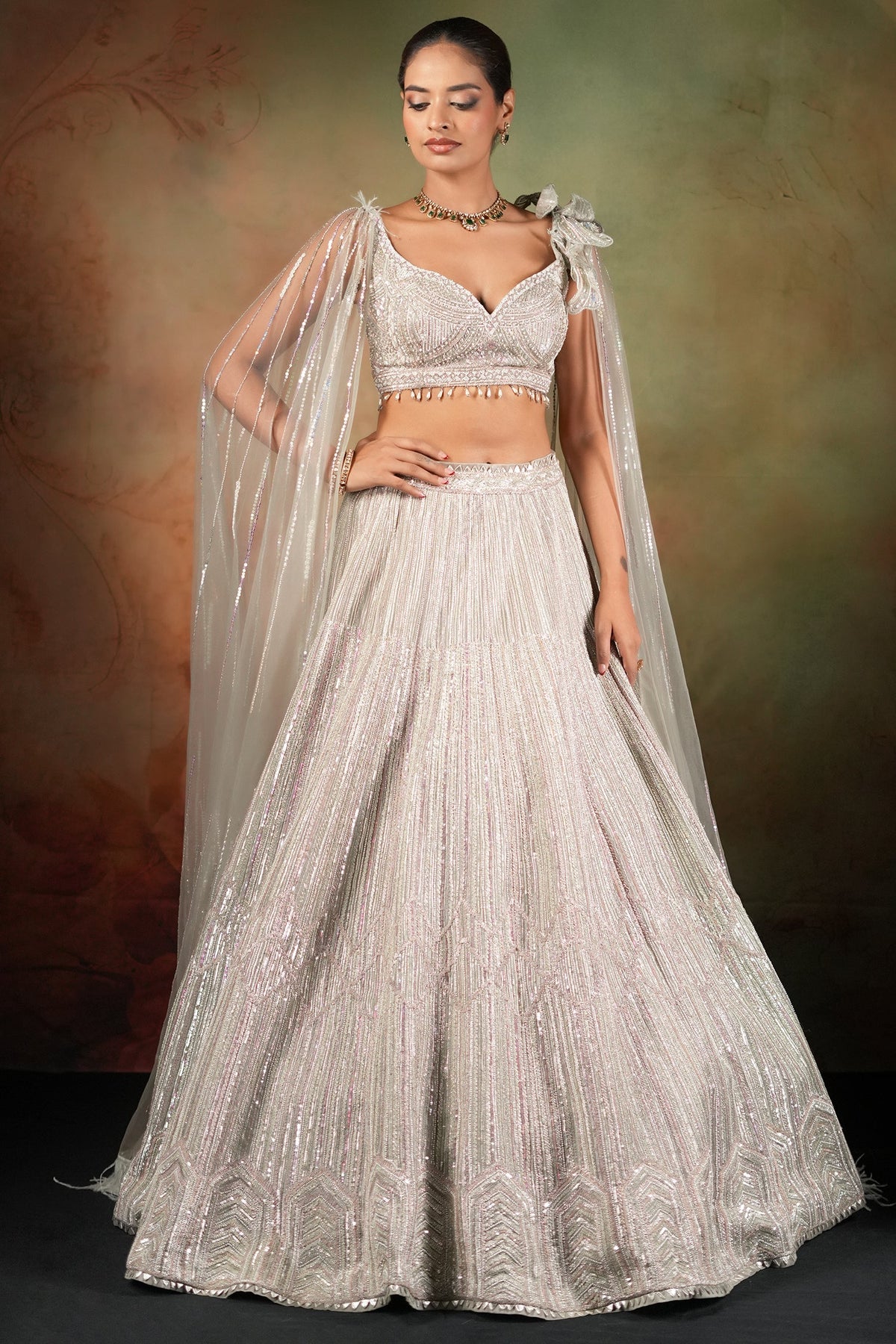 Silver Net Designer Lehenga Set with Cape Sleeves