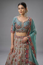 Blue Raw Silk Floral Printed and Sequin Embroidered Lehenga - red silk saree embroidered