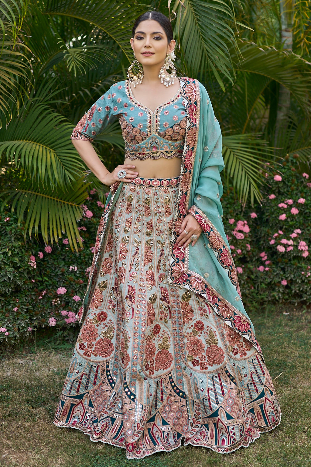 Blue Raw Silk Floral Printed and Sequin Embroidered Lehenga - red silk saree embroidered
