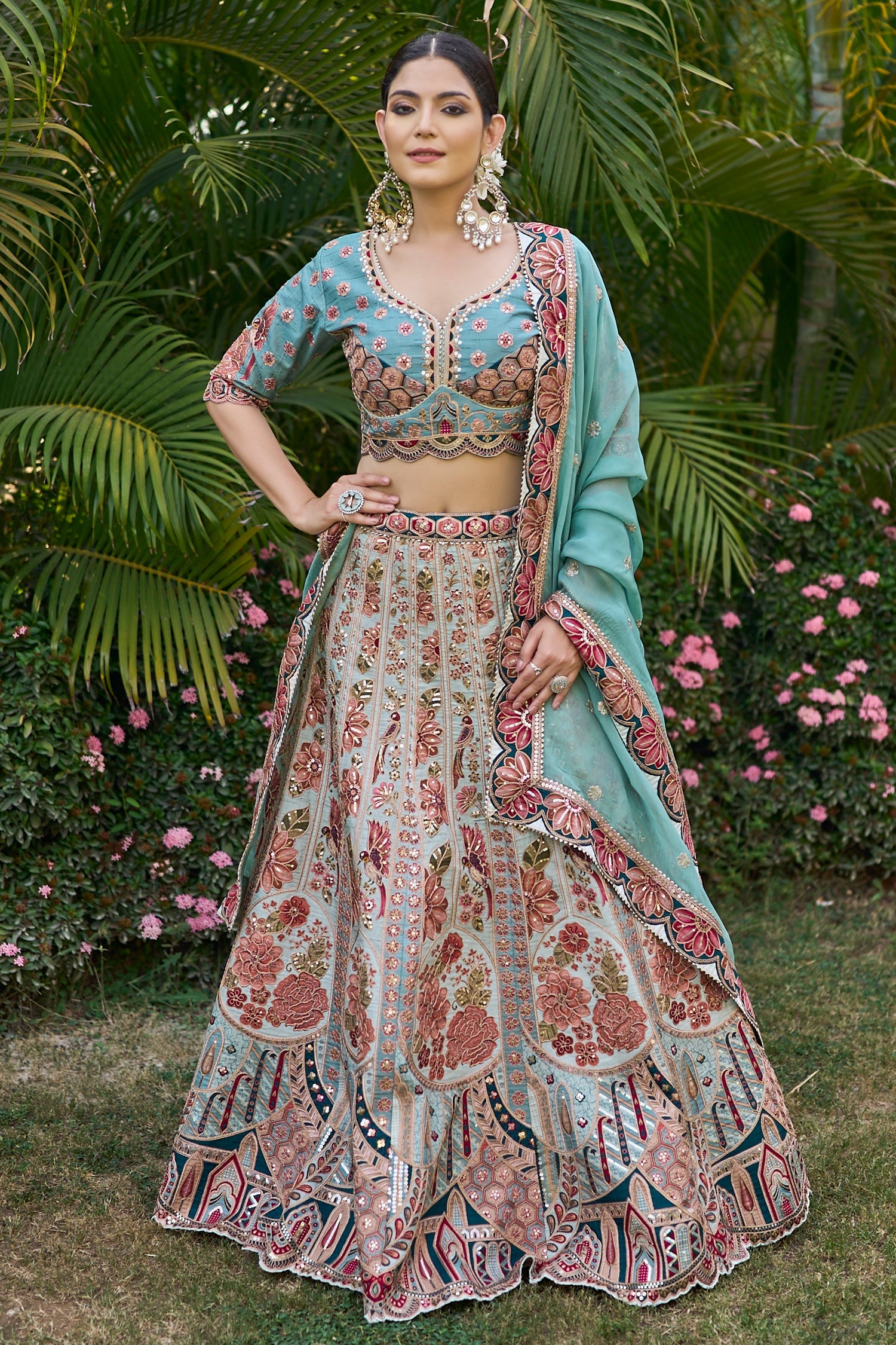 Blue Raw Silk Floral Printed and Sequin Embroidered Lehenga - red silk saree embroidered