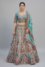 Blue Raw Silk Floral Printed and Sequin Embroidered Lehenga - red silk saree embroidered