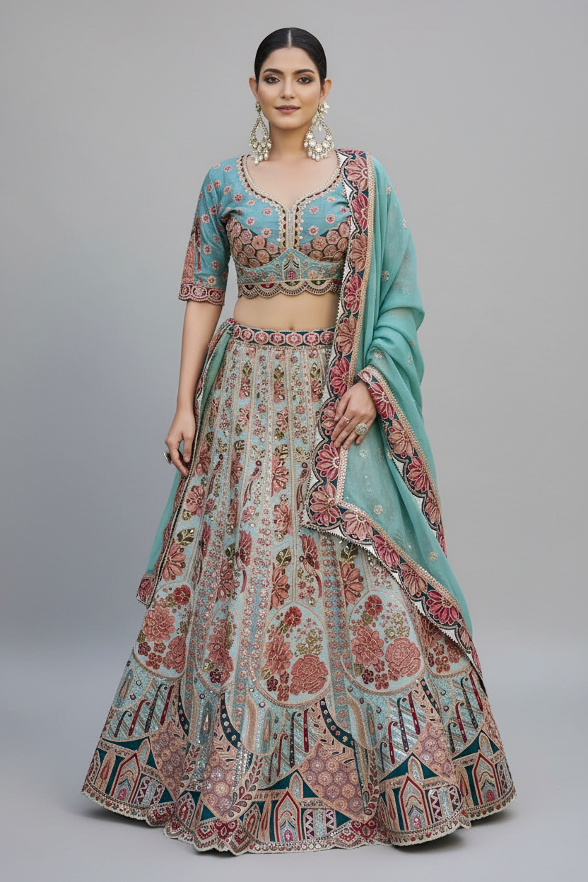 Blue Raw Silk Floral Printed and Sequin Embroidered Lehenga - red silk saree embroidered