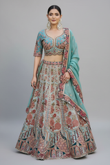 Blue Raw Silk Floral Printed and Sequin Embroidered Lehenga