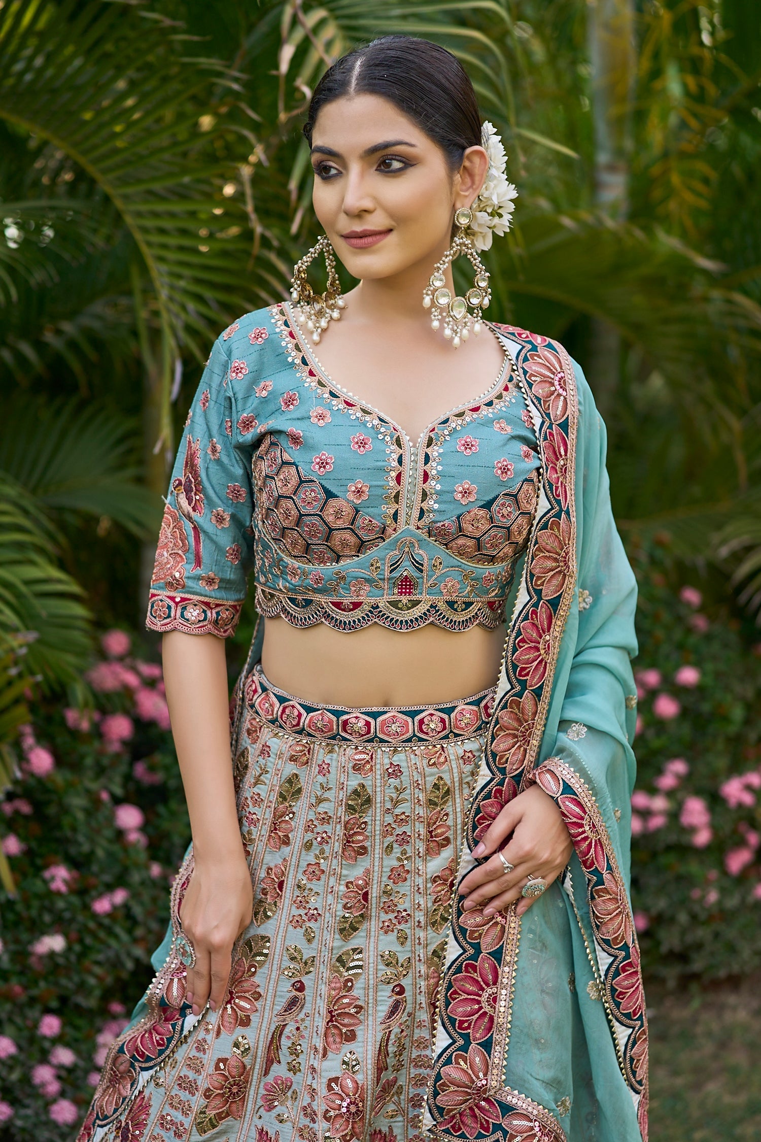 Blue Raw Silk Floral Printed and Sequin Embroidered Lehenga - red silk saree embroidered