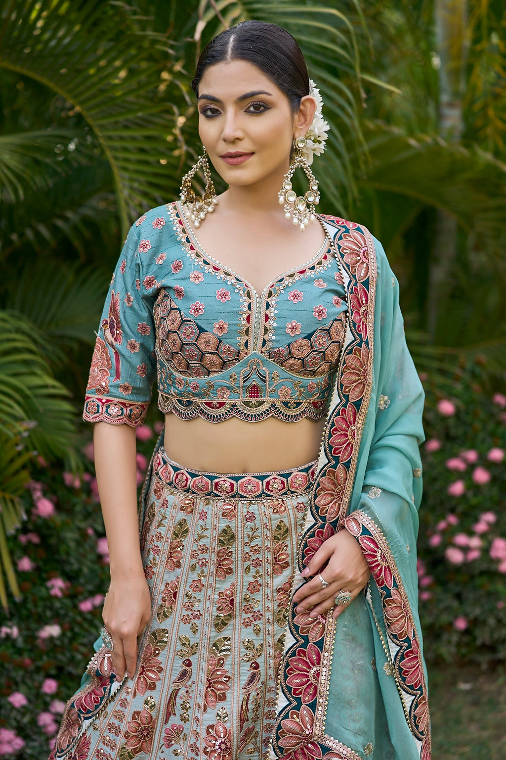 Blue Raw Silk Floral Printed and Sequin Embroidered Lehenga - red silk saree embroidered