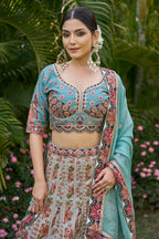 Blue Raw Silk Floral Printed and Sequin Embroidered Lehenga - red silk saree embroidered