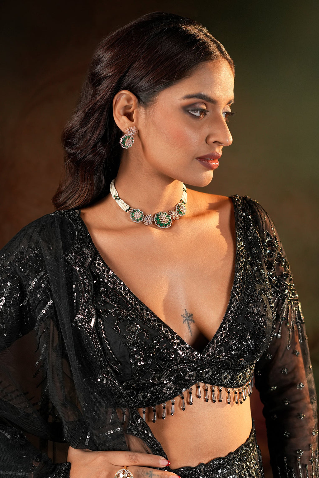 Black Net Sequinned and Cutdana Worked Designer Lehenga with Deep V Neck Blouse