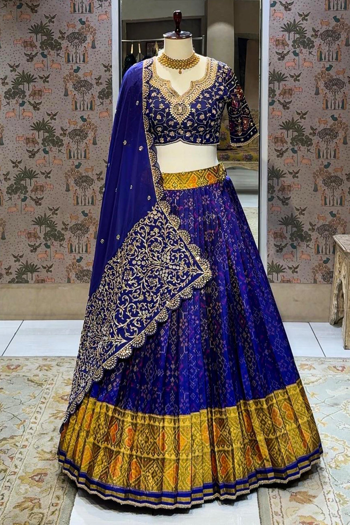 Blue Silk Traditional Pleated Patola Print Lehenga with Scallop Dupatta