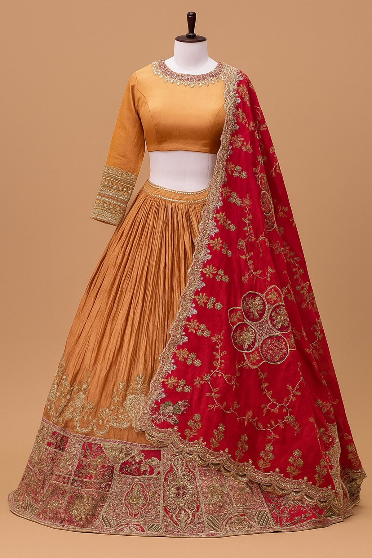 Dusty Peach Crush Silk Patch Work Designer Lehenga with Jewel Neck Blouse