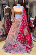 Dusty Peach Crush Silk Patch Work Designer Lehenga with Jewel Neck Blouse