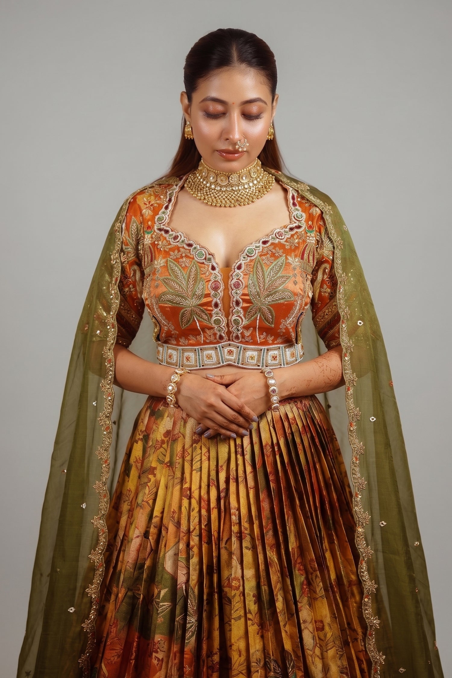 Rust Orange and Golden Tissue Silk Traditional Lehenga with Handworked Blouse - gold silk saree