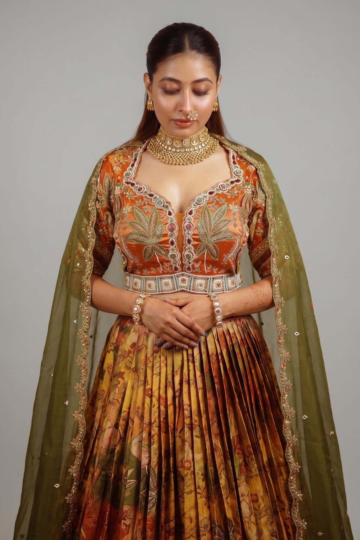Rust Orange and Golden Tissue Silk Traditional Lehenga with Handworked Blouse - gold silk saree
