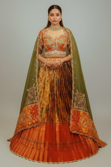 Rust Orange and Golden Tissue Silk Traditional Lehenga with Handworked Blouse