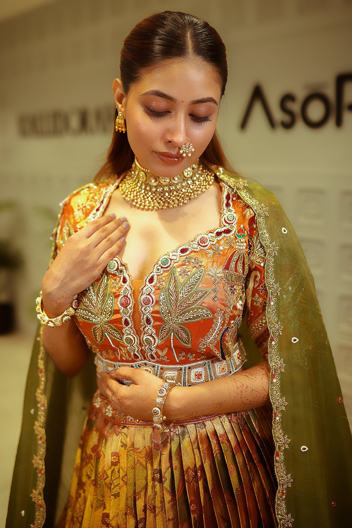 Rust Orange and Golden Tissue Silk Traditional Lehenga with Handworked Blouse - gold silk saree