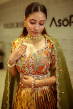 Rust Orange and Golden Tissue Silk Traditional Lehenga with Handworked Blouse - gold silk saree