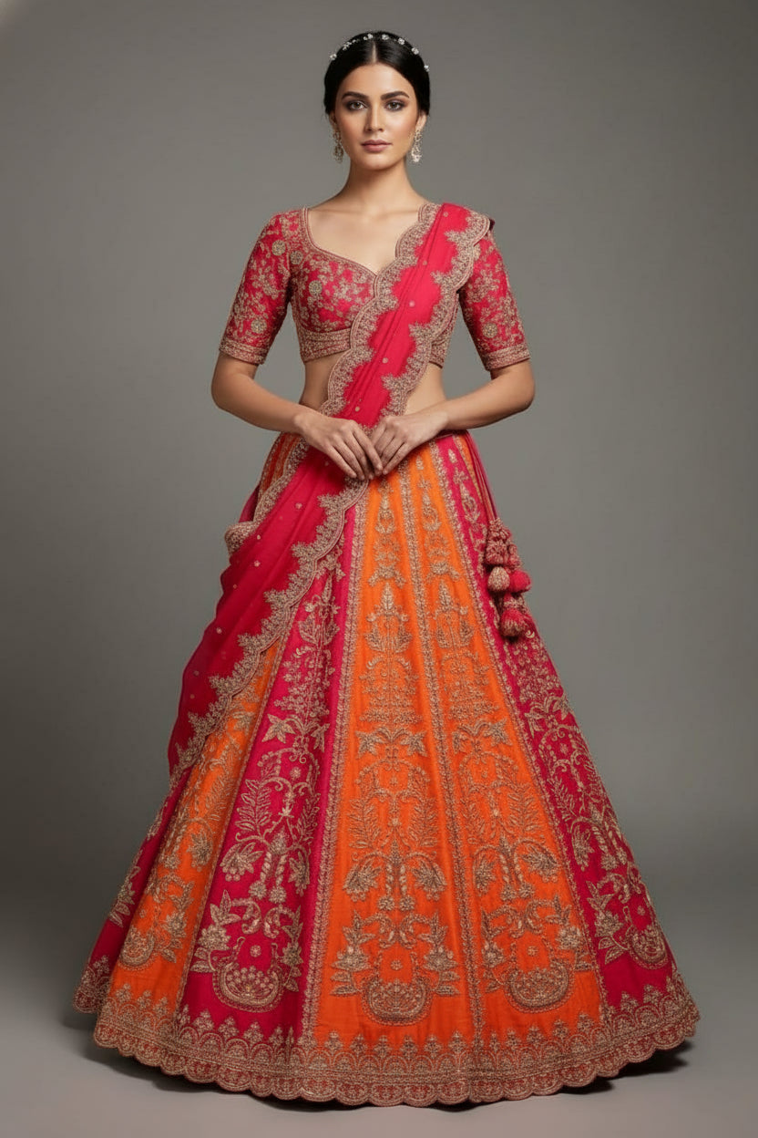 Red and Orange KD Dupion Silk Designer Bridal Lehenga - red silk saree