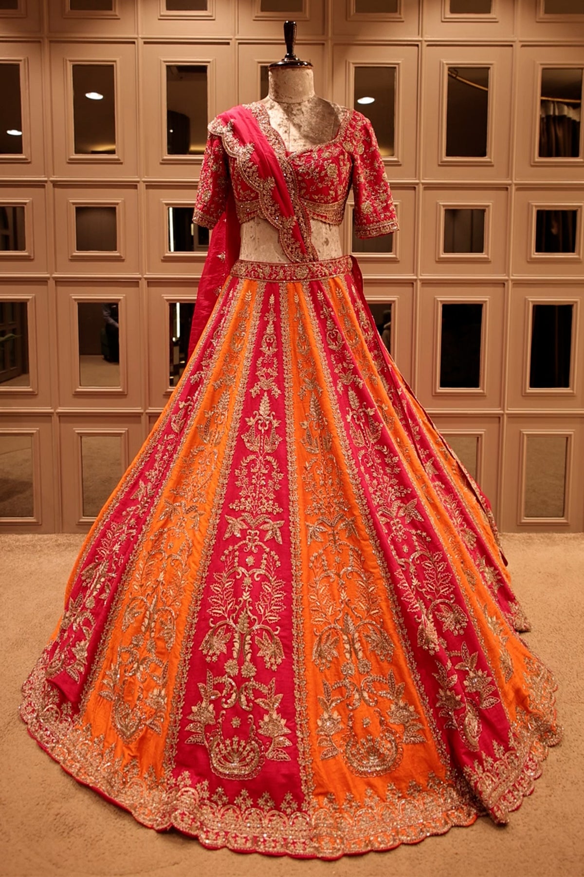 Red and Orange KD Dupion Silk Designer Bridal Lehenga - red silk saree