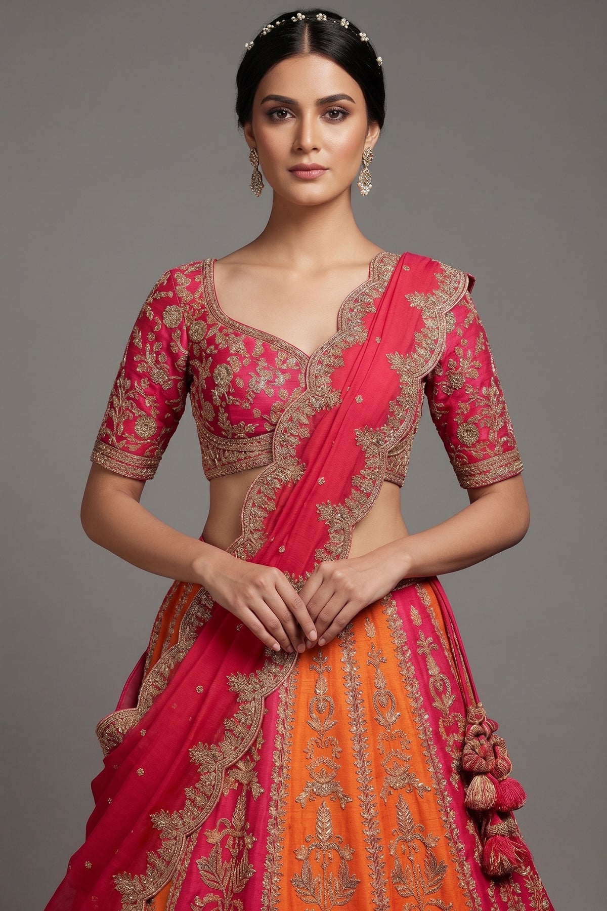 Red and Orange KD Dupion Silk Designer Bridal Lehenga - red silk saree