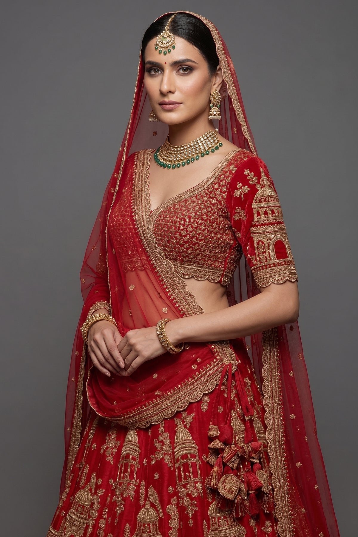 Red KD Dupion Silk Designer Bridal Lehenga with Double Dupatta - red silk saree