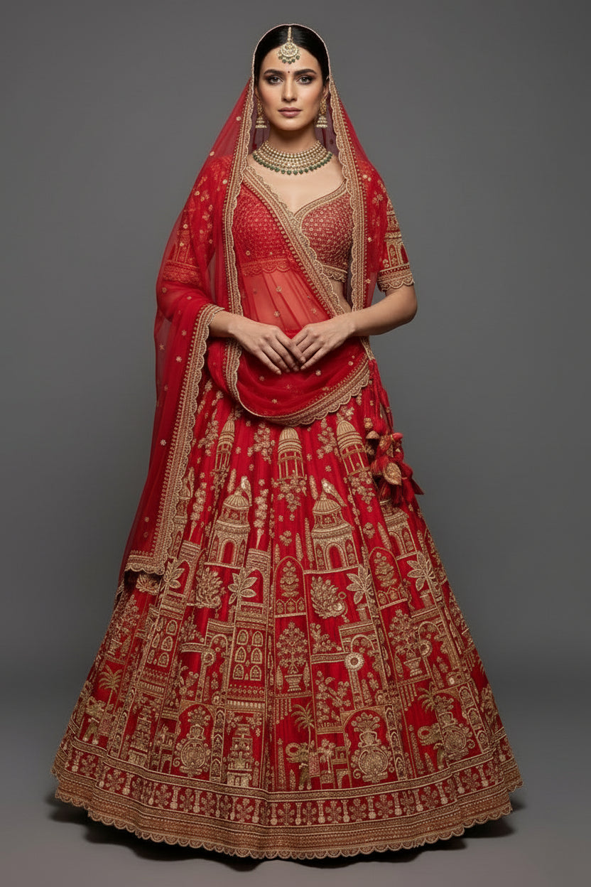 Red KD Dupion Silk Designer Bridal Lehenga with Double Dupatta - red silk saree