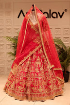 Red KD Dupion Silk Designer Bridal Lehenga with Double Dupatta - red silk saree