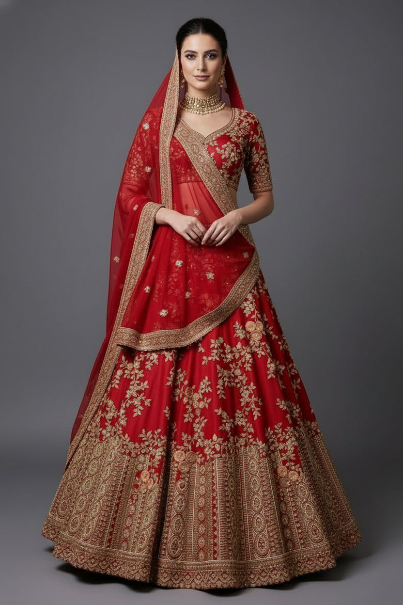 Red KD Dupion Silk Designer Bridal Floral Sequin Embroidered Bridal Lehenga - red silk saree embroidered