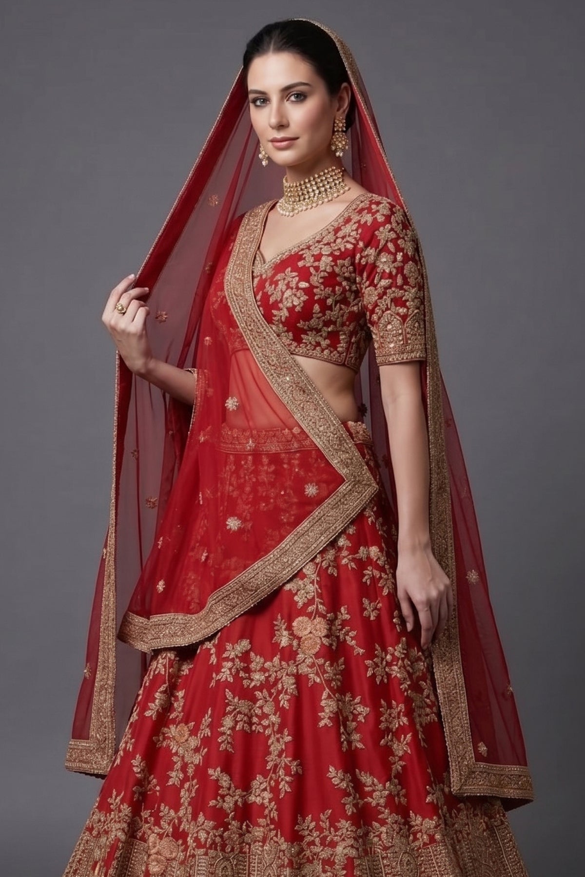Red KD Dupion Silk Designer Bridal Floral Sequin Embroidered Bridal Lehenga - red silk saree embroidered