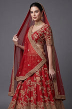 Red KD Dupion Silk Designer Bridal Floral Sequin Embroidered Bridal Lehenga - red silk saree embroidered