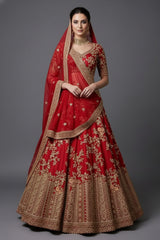 Red KD Dupion Silk Designer Bridal Floral Sequin Embroidered Bridal Lehenga