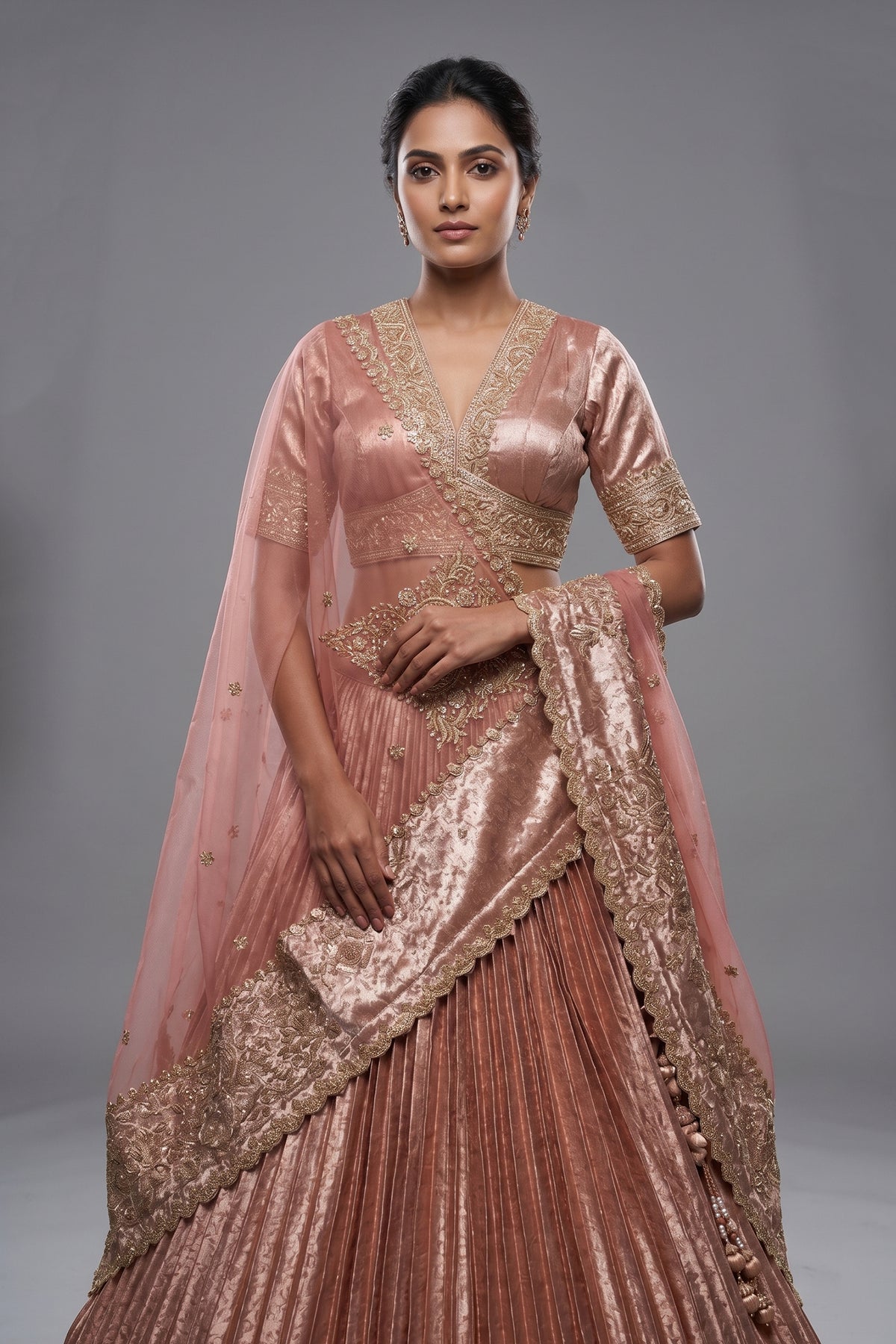 Pink Tissue Pleated Lehenga with Zardosi and Beads Work - pink saree