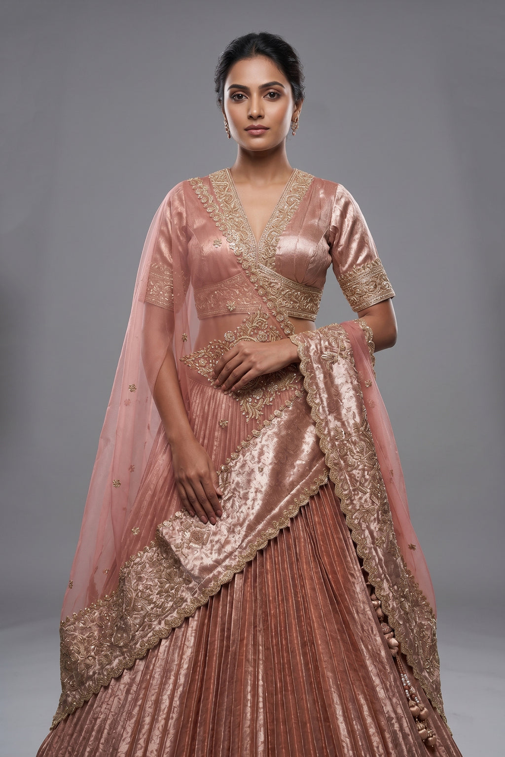 Pink Tissue Pleated Lehenga with Zardosi and Beads Work - pink saree