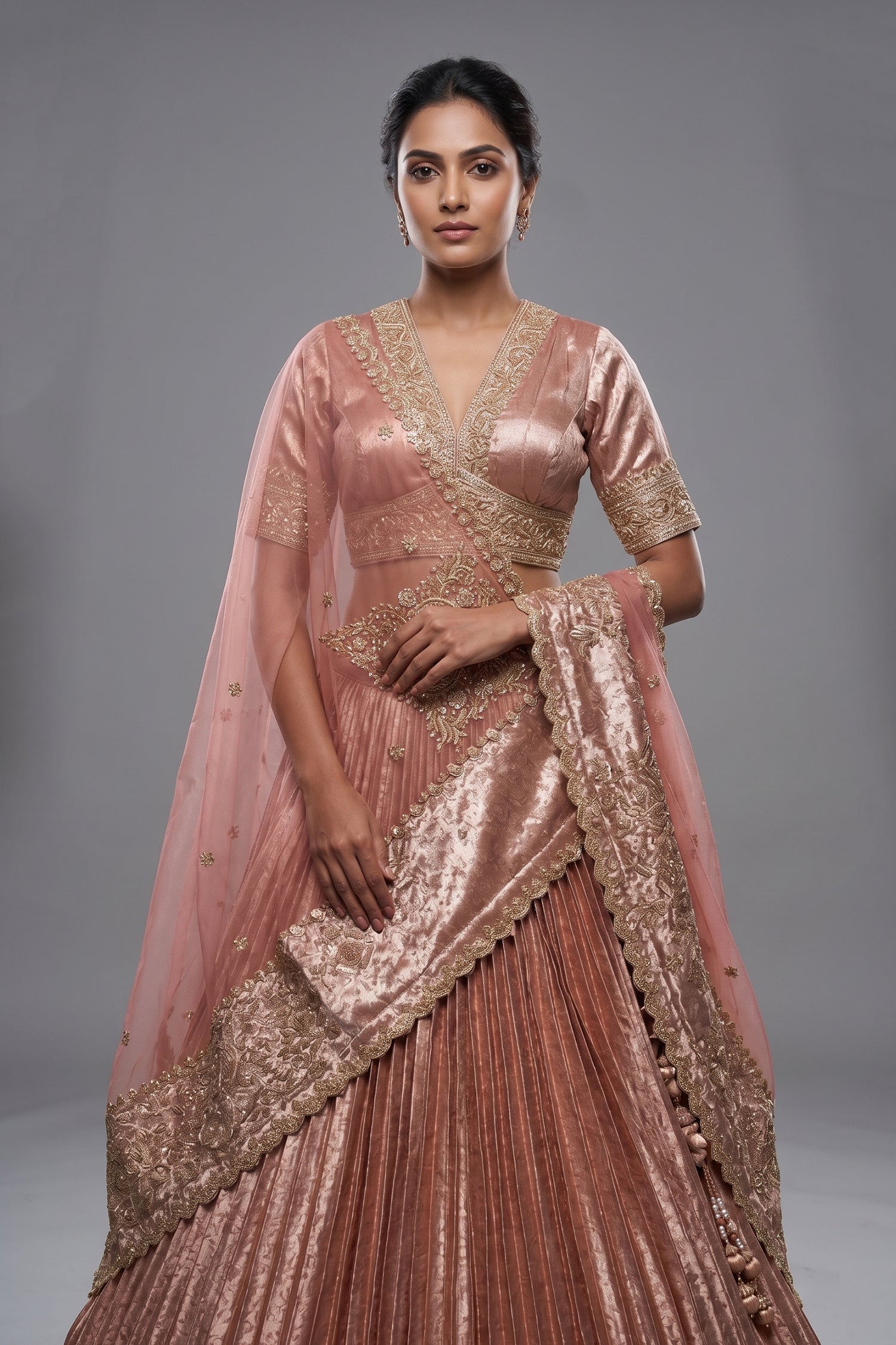 Pink Tissue Pleated Lehenga with Zardosi and Beads Work - pink saree