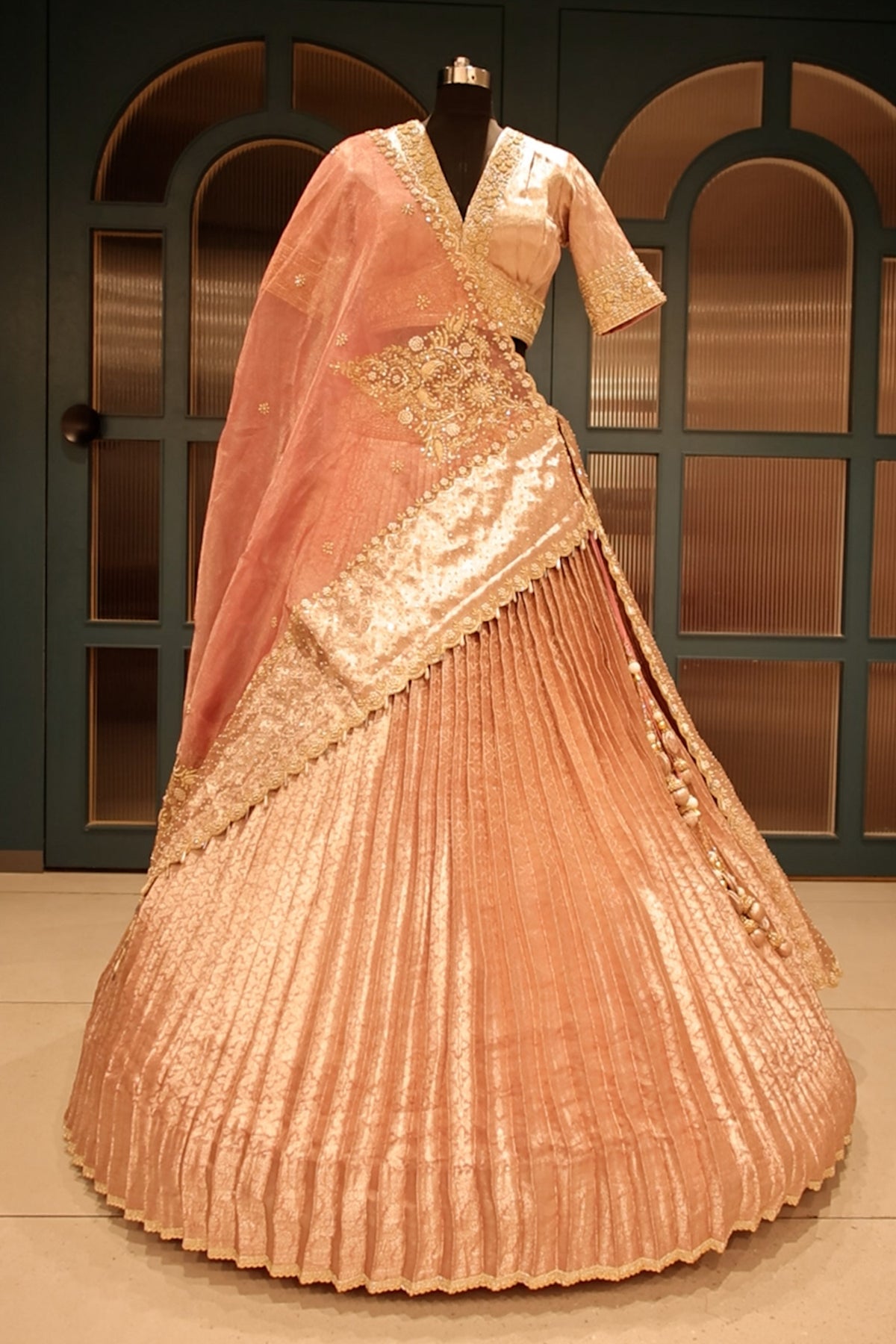 Pink Tissue Pleated Lehenga with Zardosi and Beads Work - pink saree