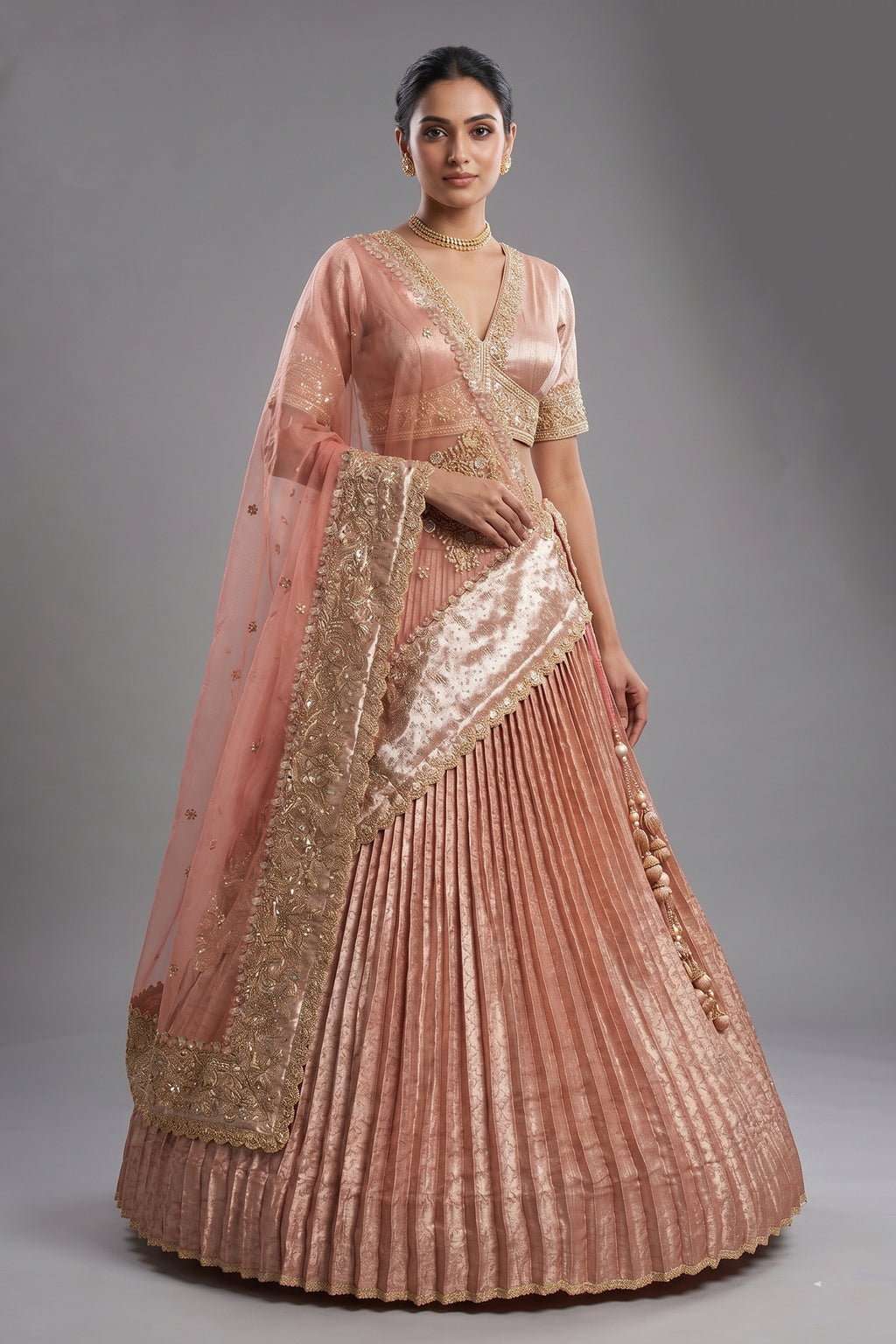 Pink Tissue Pleated Lehenga with Zardosi and Beads Work - pink saree