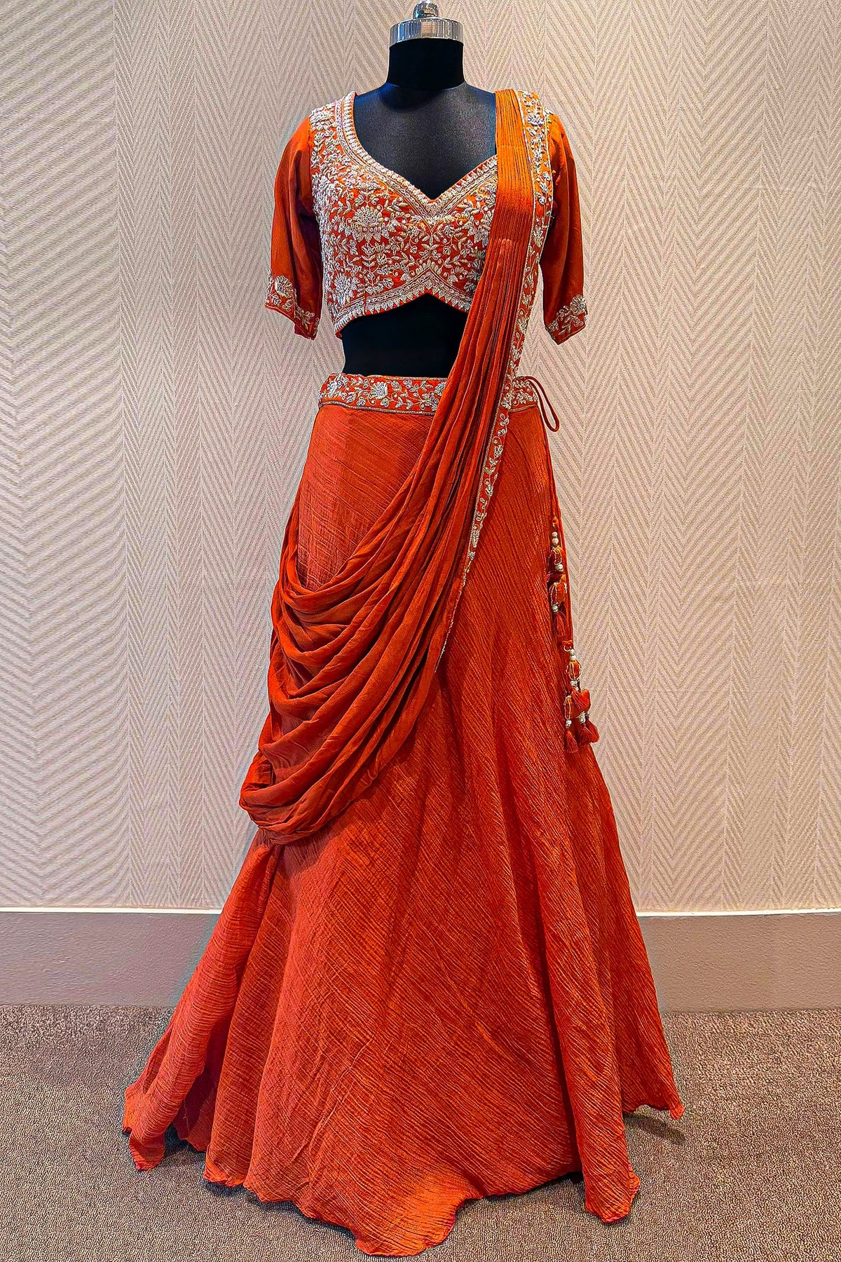 Orange Silk Zardosi Work Lehenga with Attached Dupatta - orange silk saree