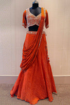 Orange Silk Zardosi Work Lehenga with Attached Dupatta - orange silk saree