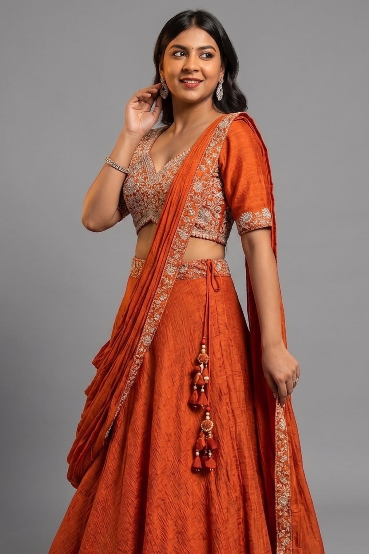 Orange Silk Zardosi Work Lehenga with Attached Dupatta - orange silk saree