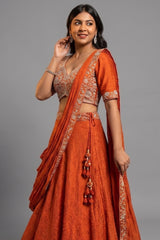 Orange Silk Zardosi Work Lehenga with Attached Dupatta - orange silk saree