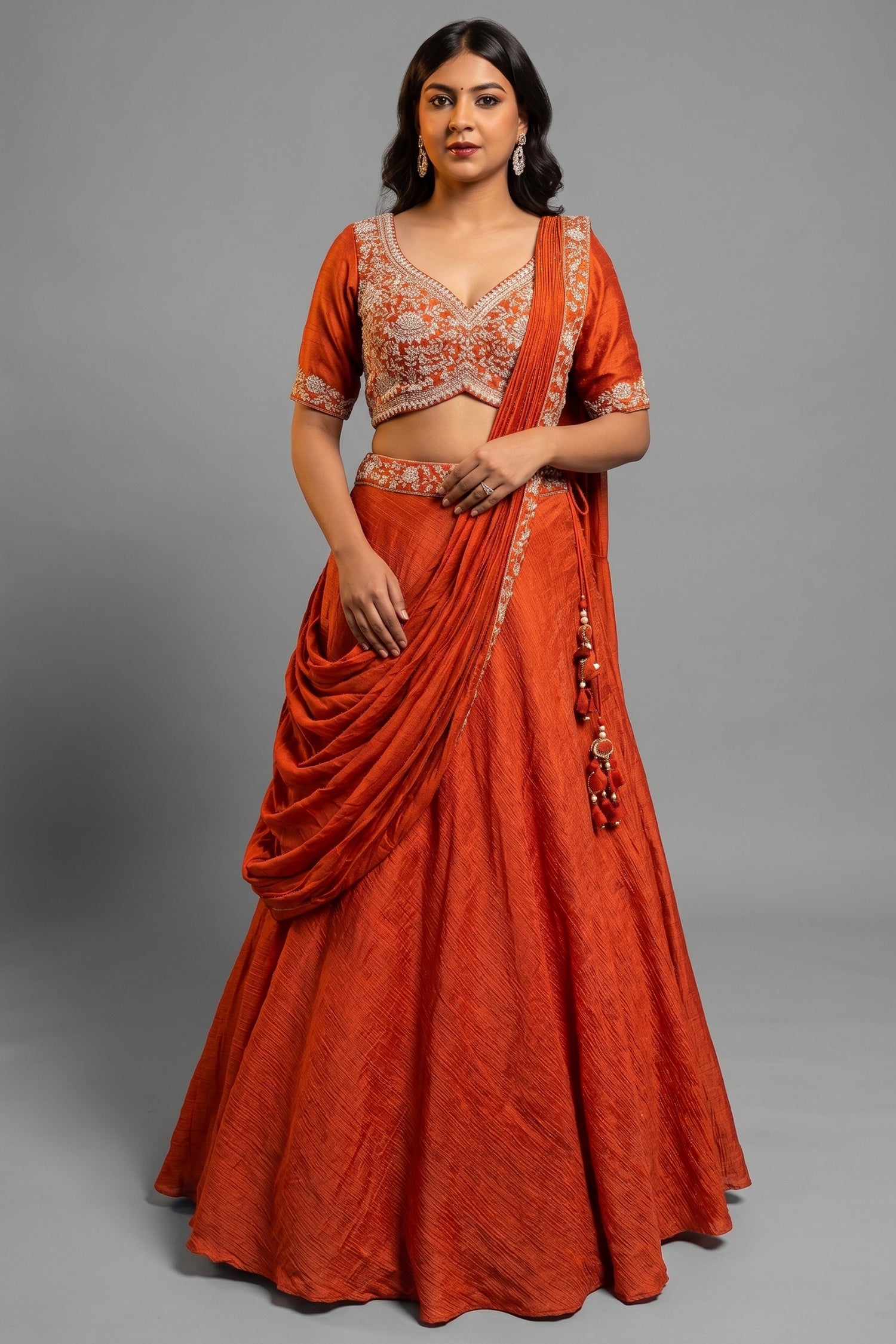 Orange Silk Zardosi Work Lehenga with Attached Dupatta - orange silk saree Main image
